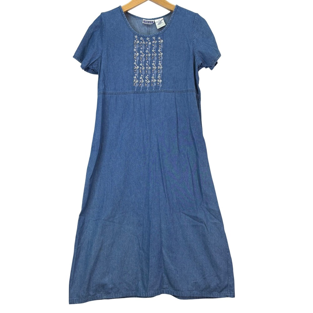 Erika & Co Blue Floral Embroidered Denim Maxi Dress Womens M Cottagecore Vtg 90s